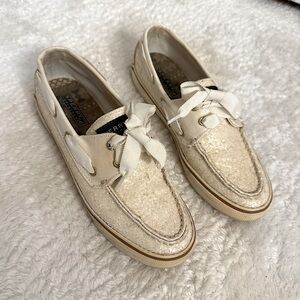 Sperry Glittery Cream Boat Shoes with White Laces Womens 8